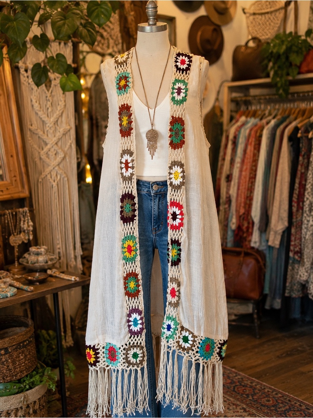 Kontrol Contemporary Crochet Fringe Duster Vest Boho Festival Hippie Large